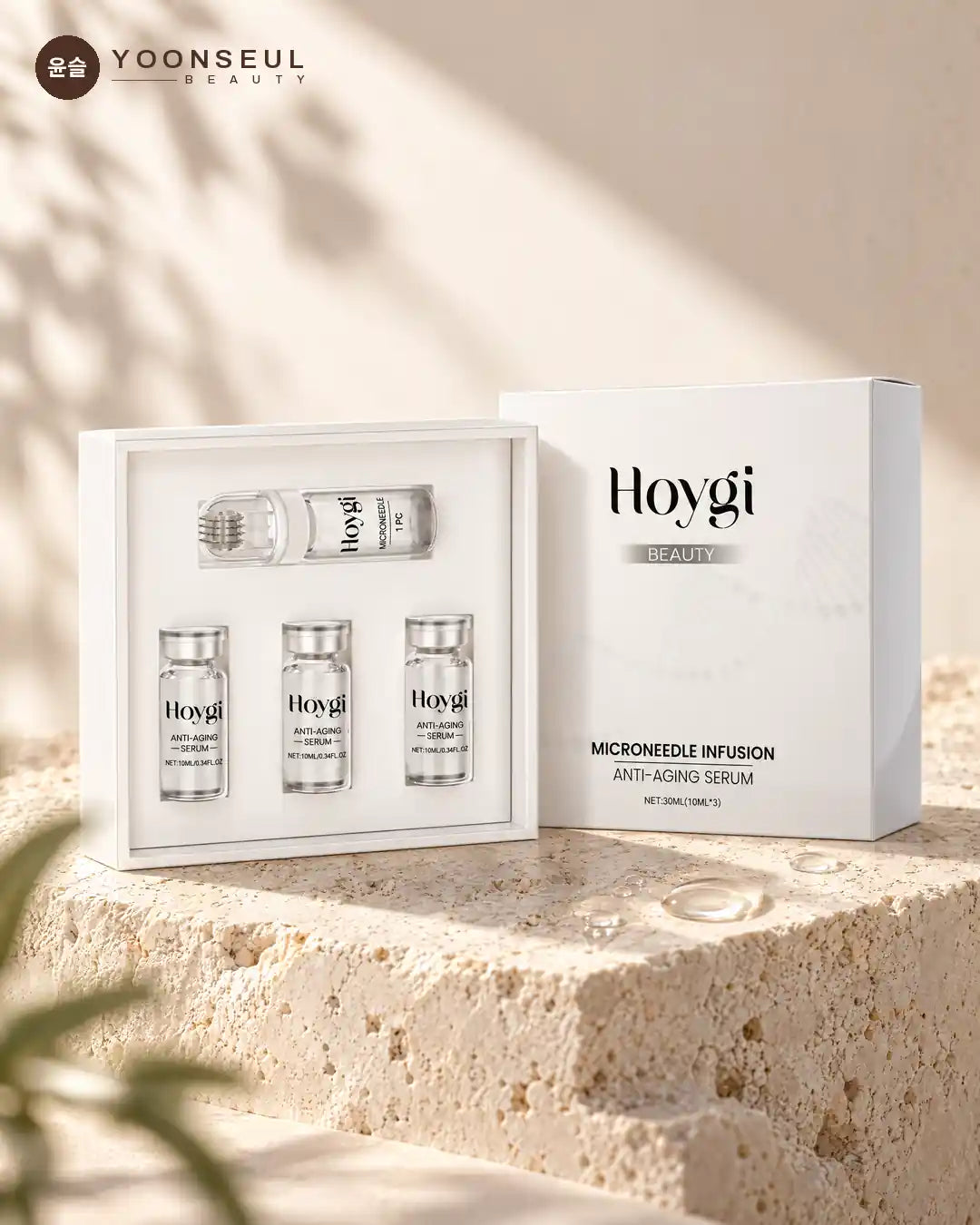 Kit de microinfusión HOYGI abierto: aplicador de microagujas y tres viales de sérum antiedad