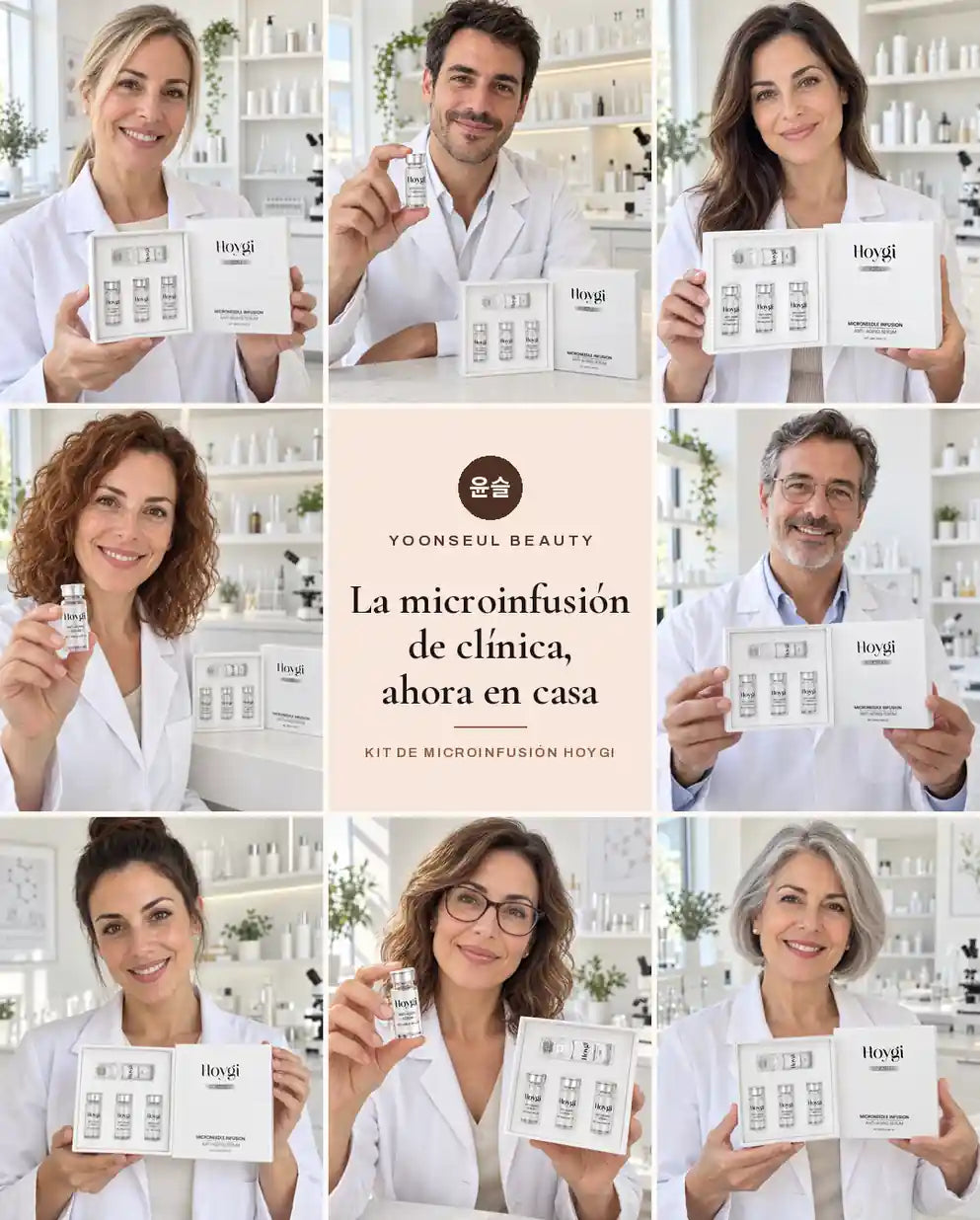 Profesionales con bata blanca sujetando el kit HOYGI