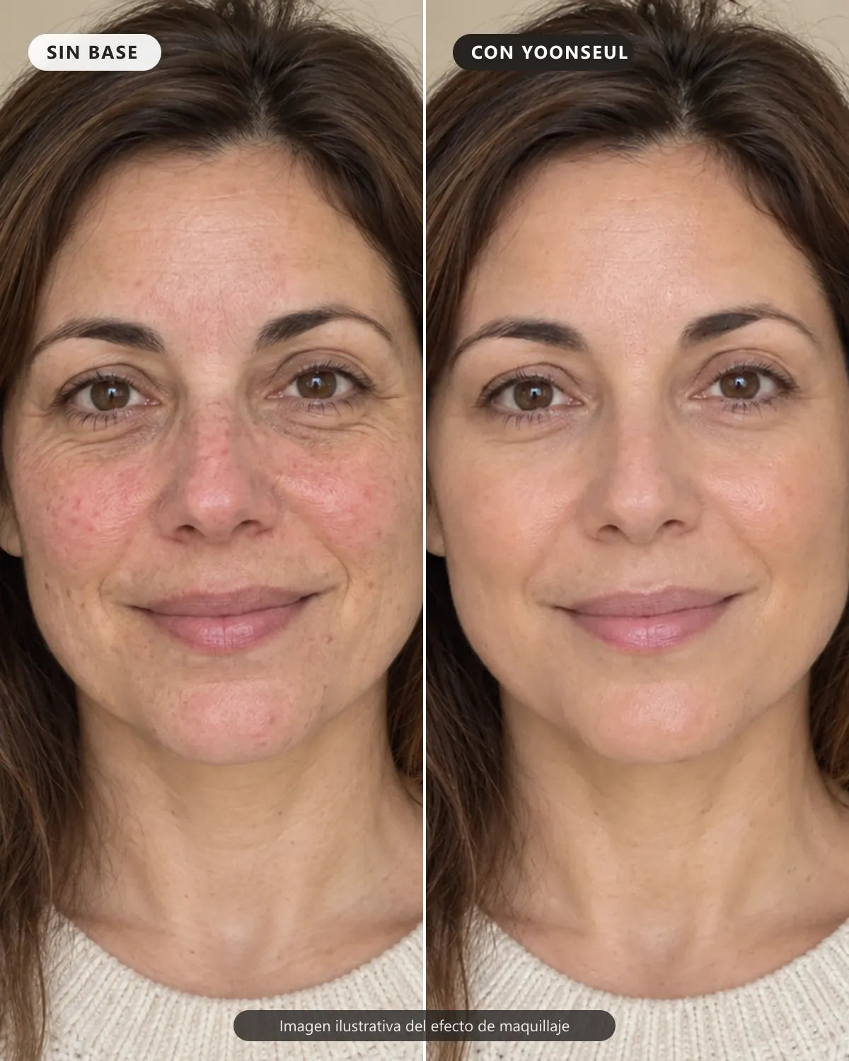 Imagen ilustrativa: rostro sin base y con la base en barra YOONSEUL