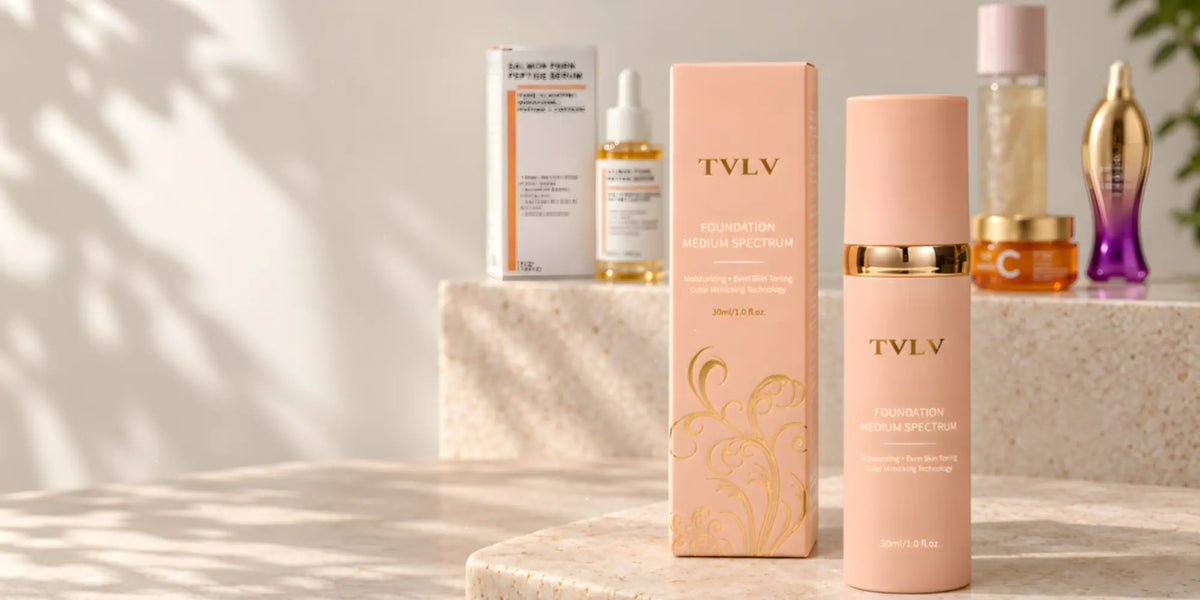 Base de maquillaje TVLV con su caja delante de otros productos de la tienda