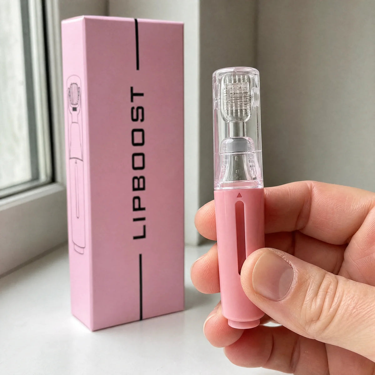 Lipboost · Rodillo de microagujas para labios – en la mano