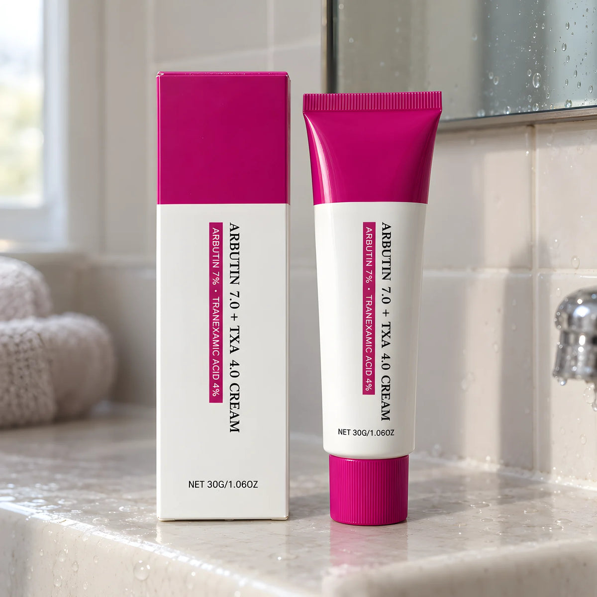 Crema Facial Iluminadora Arbutina 7% + Ácido Tranexámico 4% – en el baño