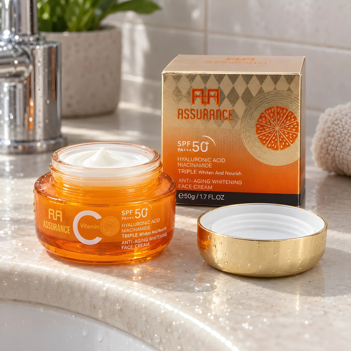 Crema Anti-Arrugas Niacinamida 2,2% + Ácido Hialurónico SPF 50 – en el baño