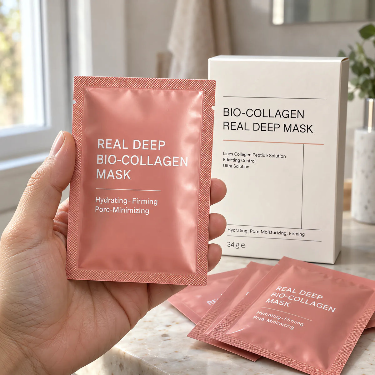 Mascarillas de Biocolágeno · Pack de 5 – en la mano