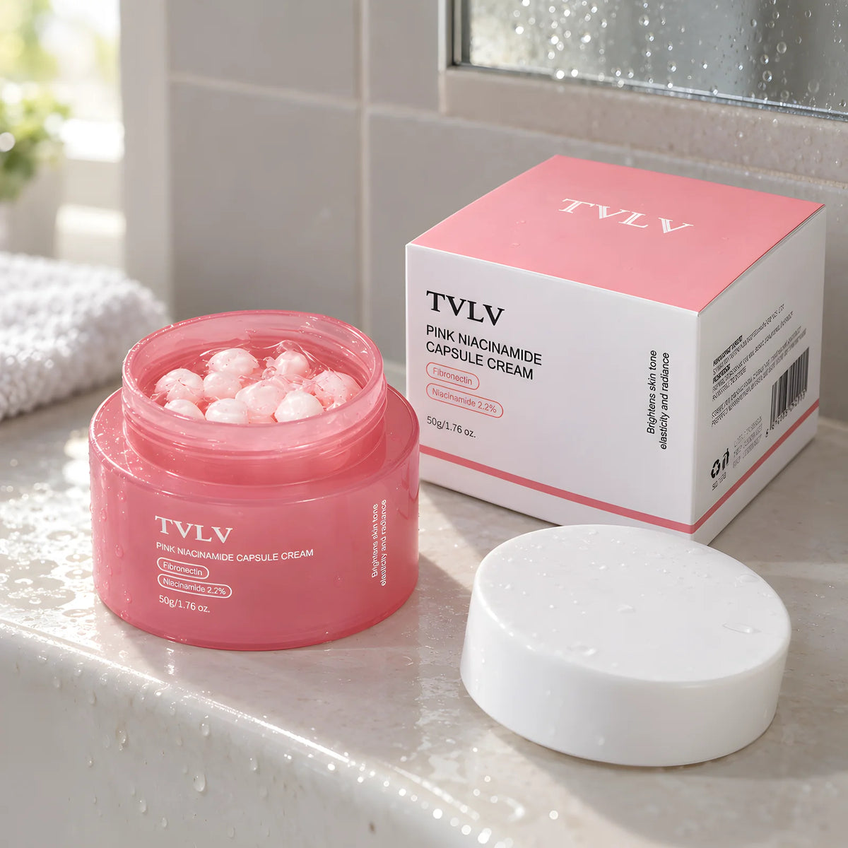 Crema Coreana de Cápsulas con Niacinamida 2% + Ácido Hialurónico – en el baño